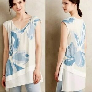ANTHROPOLOGIE Deletta Cream & Blue Floral Tunic Tank Top